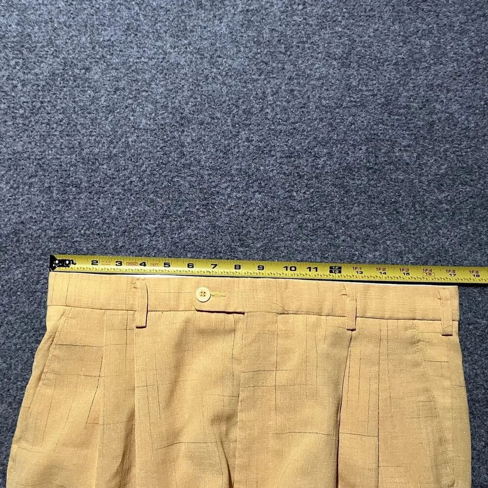 Malta Dress Pants Mens 34 Yellow Gold Pleated Cuffed Grid Wide Leg Retro Slacks